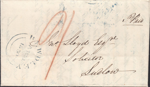 132498 1850 MAIL CLEOBURY MORTIMER, SHROPSHIRE TO LUDLOW WITH 'CLEOBURY/PENNY POST' HAND STAMP (SH114).