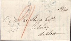 132498 1850 MAIL CLEOBURY MORTIMER, SHROPSHIRE TO LUDLOW WITH 'CLEOBURY/PENNY POST' HAND STAMP (SH114).