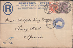 132536 1895 REGISTERED MAIL CLEVEDON, SOMERSET TO 'WHITFIELD KING' STAMP DEALERS OF IPSWICH.