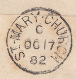 132543 1882 MAIL TORQUAY TO SHREWSBURY WITH 'ST-MARY.CHURCH' AND 'CRESSAGE' DATE STAMPS.