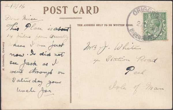 132559 1916 MAIL CRIGGION, SHROPSHIRE TO ISLE OF MAN WITH 'CRIGGION/SHREWSBURY' RUBBER DATE STAMP.