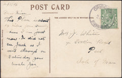 132559 1916 MAIL CRIGGION, SHROPSHIRE TO ISLE OF MAN WITH 'CRIGGION/SHREWSBURY' RUBBER DATE STAMP.
