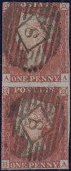 132626 1852 1D PL.160 (SG8) VERTICAL PAIR LETTERED AA BA, BOTH SHOWING RE-ENTRY MARKS (SPEC B2d).