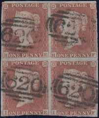 132647 1853 1D PL.164 (SG8) USED BLOCK OF FOUR LETTERED HE HF IE IF.