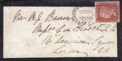 132789 1858 MOURNING ENVELOPE SHREWSBURY TO LONDON WITH 'SHREWSBURY/708' SPOON AND 'LEBOTWOOD' UDC.