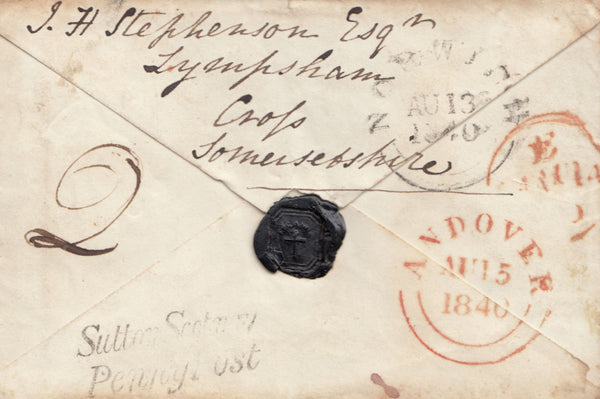 133003 1840 MOURNING ENVELOPE FROM NORWICH TO WHITCHURCH, HAMPSHIRE RE-DIRECTED TO SOMERSET WITH 1D BLACK (DAMAGED) CANCELLED 'WHITCHURCH/HANTS AU 16 1840' DATE STAMP.