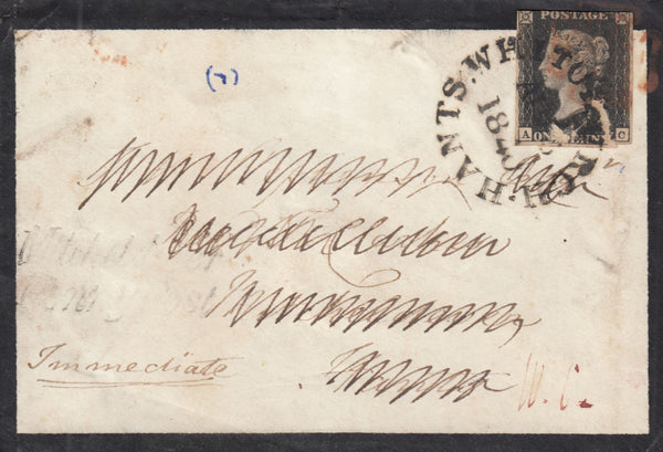 133003 1840 MOURNING ENVELOPE FROM NORWICH TO WHITCHURCH, HAMPSHIRE RE-DIRECTED TO SOMERSET WITH 1D BLACK (DAMAGED) CANCELLED 'WHITCHURCH/HANTS AU 16 1840' DATE STAMP.