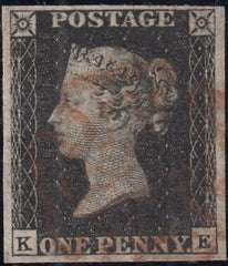 133074 1840-41 MATCHED PAIR 1D BLACK PL.9 (SG2) AND 1D RED (SG7) LETTERED KE, 1D RED ON COVER.