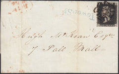 133085 1841 MAIL USED IN LONDON WITH 1D BLACK PL.8 (SG2)(GA), 'TOWER.ST' RECEIVERS HAND STAMP IN BLUE (L514/TOWS13b?).