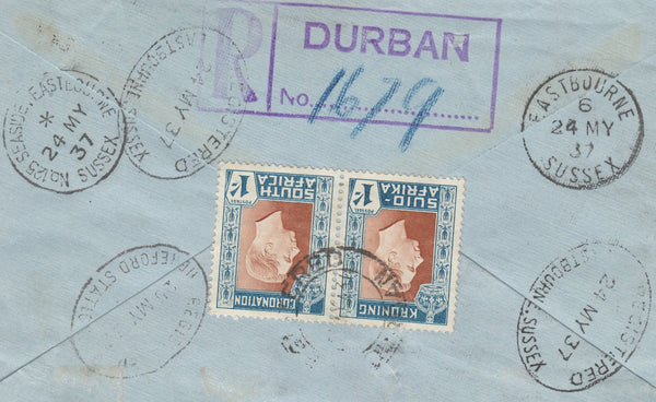 133165 1937 KGVI SOUTH AFRICA CORONATION ISSUE DURBAN TO HEREFORD WITH 'REGISTERED/HEREFORD STATION' DATE STAMP.