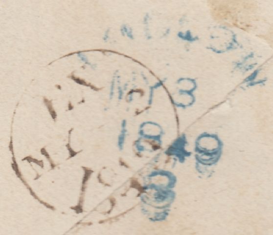 133172 1849 MAIL LONDON TO LUDLOW WITH 2D BLUE (SG14), 'LITTLE CHELSEA' RECEIVERS HAND STAMP IN RED AND 'LUDLOW' SKELETON HAND STAMP IN BLUE (SH268).