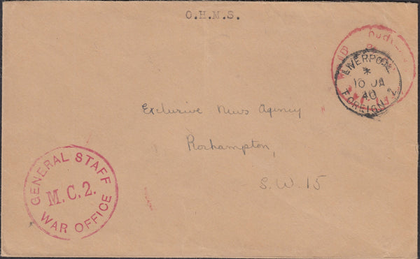 133193 1940 MAIL LIVERPOOL TO LONDON WITH 'LIVERPOOL/FOREIGN 2' DATE STAMP.