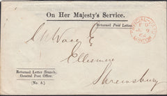 133288 1864 'ON HER MAJESTY'S SERVICE/Returned Paid Letter' ENVELOPE LONDON TO SHREWSBURY.