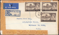 133430 1967 REGISTERED AIR MAIL NEW MILTON, HANTS TO BALTIMORE, USA WITH 2/6 CASLTE X 3.