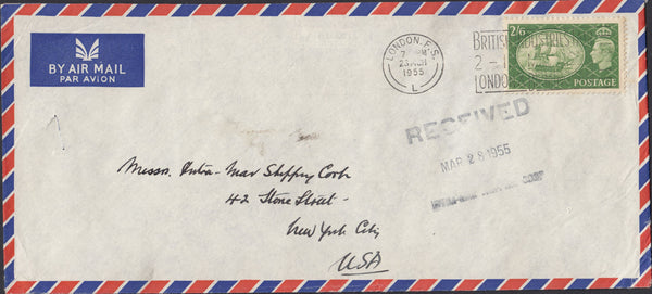 133435 1955 AIR MAIL LONDON TO NEW YORK WITH KGVI 2/6 YELLOW-GREEN (SG509).