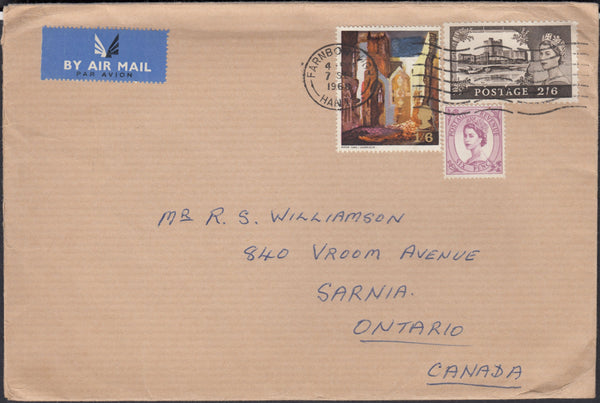 133438 1968 AIR MAIL FARNBOROUGH, HANTS TO ONTARIO, CANADA WITH WILDING, COMMEMORATIVE AND CASTLE COMBINATION.