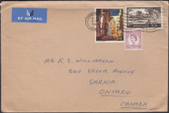 133438 1968 AIR MAIL FARNBOROUGH, HANTS TO ONTARIO, CANADA WITH WILDING, COMMEMORATIVE AND CASTLE COMBINATION.