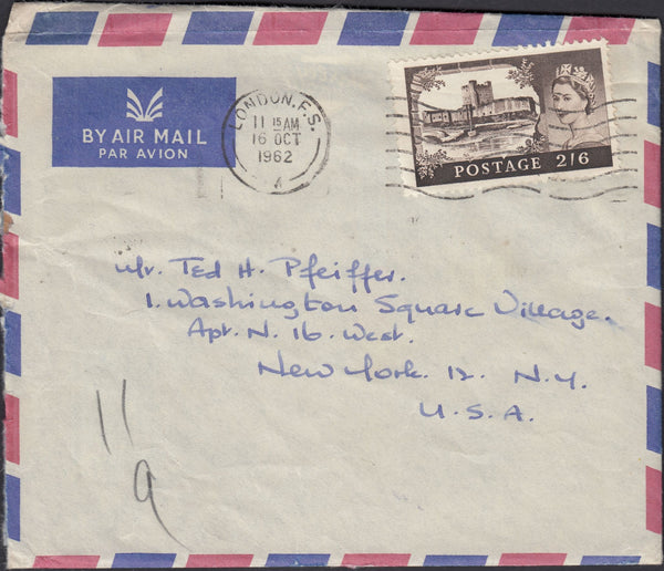 133442 1962 AIR MAIL LONDON TO NEW YORK WITH 2/6 CASTLE.