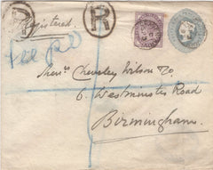 133455 1892 2D GREY-BLUE POSTAL STATIONERY ENVELOPE, REGISTERED MAIL WITH 'CRAVEN.ARMS' SINGLE RING DATE STAMPS.