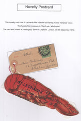 133487 1912 NOVELTY POST CARD WITH 'LOBSTER' FROM ST LEONARDS ON SEA, SUSSEX TO LONDON.