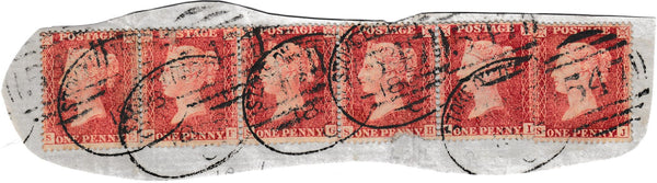 133643 1858 PIECE WITH DIE 2 1D PL.27 PERFORATION 16 (SG36) X 6, 'STOKE ON TRENT/547' SPOON CANCELLATIONS.