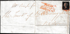 133689 1840 MAIL USED IN PETERBOROUGH WITH 1D BLACK PL.1B (SG2)(RA) AND 'Peter/Borough/Penny Post' HAND STAMP (NN197).