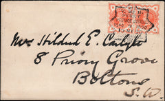 133908 1890 PENNY POSTAGE JUBILEE, MAIL FROM THE GUILDHALL EXHIBITION WITH PAIR ½D VERMILION (SG197) GUILDHALL HAND STAMP.