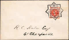 133911 1890 PENNY POSTAGE JUBILEE, MAIL FROM THE GUILDHALL EXHIBITION WITH ½D VERMILION (SG197) GUILDHALL HAND STAMP.
