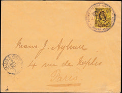133916 1890 PENNY POSTAGE JUBILEE, MAIL FROM SOUTH KENSINGTON EXHIBITION TO PARIS WITH 3D JUBILEE (SG202) SOUTH KENSINGTON HAND STAMP.