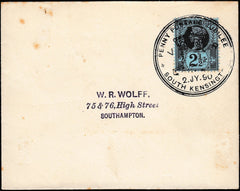 133918 1890 PENNY POSTAGE JUBILEE, MAIL FROM SOUTH KENSINGTON EXHIBITION TO SOUTHAMPTON WITH 2½D JUBILEE (SG201) SOUTH KENSINGTON HAND STAMP.