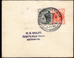 133919 1890 PENNY POSTAGE JUBILEE, MAIL FROM SOUTH KENSINGTON EXHIBITION TO SOUTHAMPTON WITH ½D DEEP GREEN (SG164) AND ½D VERMILION (SG197) SOUTH KENSINGTON HAND STAMP.
