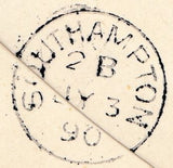 133919 1890 PENNY POSTAGE JUBILEE, MAIL FROM SOUTH KENSINGTON EXHIBITION TO SOUTHAMPTON WITH ½D DEEP GREEN (SG164) AND ½D VERMILION (SG197) SOUTH KENSINGTON HAND STAMP.