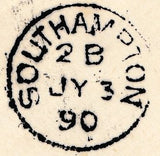 133920 1890 PENNY POSTAGE JUBILEE, MAIL FROM SOUTH KENSINGTON EXHIBITION TO SOUTHAMPTON WITH 4D JUBILEE (SG205) SOUTH KENSINGTON HAND STAMP.