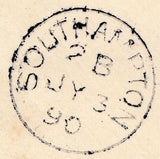 133921 1890 PENNY POSTAGE JUBILEE, MAIL FROM SOUTH KENSINGTON EXHIBITION TO SOUTHAMPTON WITH 3D JUBILEE (SG202) SOUTH KENSINGTON HAND STAMP.