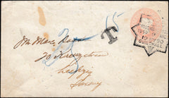 133932 1890 PENNY POSTAGE JUBILEE, UNDERPAID 1D PINK ENVELOPE FROM THE GUILDHALL EXHIBITION TO LEIPZIG IN GERMANY WITH GUILDHALL HAND STAMP.