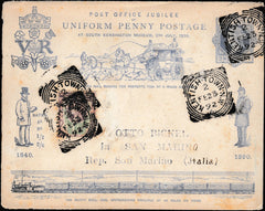 133936 1890 PENNY POSTAGE JUBILEE, 1D BLUE ENVELOPE USED 1892 FROM KENTISH TOWN TO SAN MARINO WITH 1½D JUBILEE (SG198).