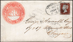 133942 1854 MAIL LIVERPOOL TO GLASGOW, SG17 WITH LIVERPOOL SPOON (RA51), 'REGENT.RD' LOCAL HAND STAMP AND VERY FINE 'TRAIN AND CO EMIGRATION OFFICES' RED EMBOSSED INSIGNIA.