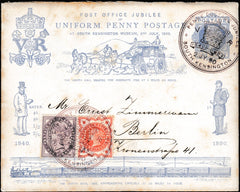 133965 1890 PENNY POSTAGE JUBILEE, MAIL FROM SOUTH KENSINGTON EXHIBITION TO BERLIN UPRATED WITH 1D LILAC (SG172), ½D VERMILION (SG197), BOTH WITH PERFINS AND WITH SOUTH KENSINGTON HAND STAMP.