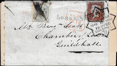 133977 1848 WRAPPER USED IN LONDON WITH 1D PL84 (SG8) ADDRESSED TO THE GUILDHALL TAKEN TO THE 1890 GUILDHALL EXHIBITION WITH GUILDHALL HAND STAMP.
