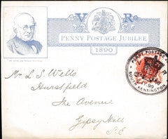 133985 1890 PENNY POSTAGE JUBILEE, BLUE INSERT CARD POSTALLY USED FROM SOUTH KENSINGTON EXHIBITION WITH ½D VERMILION (SG197), POSTAGE UNDERPAID BUT NOT SURCHARGED.