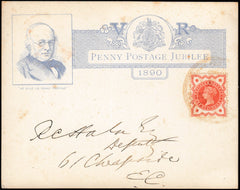 133986 1890 PENNY POSTAGE JUBILEE, BLUE INSERT CARD POSTALLY USED FROM SOUTH KENSINGTON EXHIBITION TO CHEAPSIDE WITH ½D VERMILION (SG197), POSTAGE UNDERPAID BUT NOT SURCHARGED.