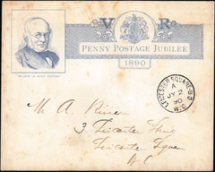 133987 1890 PENNY POSTAGE JUBILEE, BLUE INSERT CARD POSTALLY USED IN LONDON WITHOUT SURCHARGE.