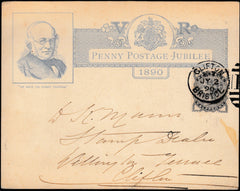 133988 1890 PENNY POSTAGE JUBILEE, BLUE INSERT CARD POSTALLY USED IN BRISTOL WITH ½D SLATE-BLUE (SG187) POSTAGE UNDERPAID BUT NOT SURCHARGED.