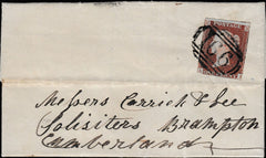 133995 CIRCA 1845 MAIL HALTWHISTLE, NORTHUMBERLAND TO BRAMPTON, CUMBERLAND WITH '166' NUMERAL OF HALTWHISTLE.