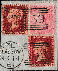 134005 1861 SMALL PIECE WITH DIE 2 1D PL.27 ROSE-RED ON WHITE PAPER 'AD' AND 'BD' MAJOR RE-ENTRIES, ALSO 4D ROSE-CARMINE (SG66a).