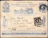 134013 1890 PENNY POSTAGE JUBILEE, 1D BLUE ENVELOPE FROM SOUTH NORWOOD TO MONTREAL, CANADA UPRATED WITH 1½D JUBILEE (SG198).