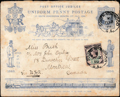 134013 1890 PENNY POSTAGE JUBILEE, 1D BLUE ENVELOPE FROM SOUTH NORWOOD TO MONTREAL, CANADA UPRATED WITH 1½D JUBILEE (SG198).