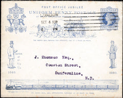 134015 1890 PENNY POSTAGE JUBILEE, 1D BLUE ENVELOPE USED 1910 FROM LONDON TO DUNFERMLINE.