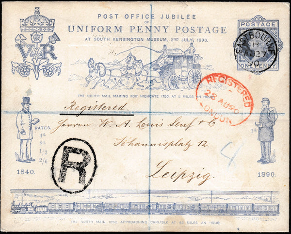 134018 1890 PENNY POSTAGE JUBILEE, 1D BLUE ENVELOPE USED AFTER EXHIBITION REGISTERED MAIL EASTBOURNE TO LEIPZIG, STAMPS REMOVED FROM REVERSE.
