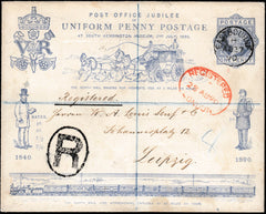 134018 1890 PENNY POSTAGE JUBILEE, 1D BLUE ENVELOPE USED AFTER EXHIBITION REGISTERED MAIL EASTBOURNE TO LEIPZIG, STAMPS REMOVED FROM REVERSE.